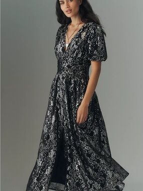Anthropologie Black and Silver Floral Lace Maxi Dress
